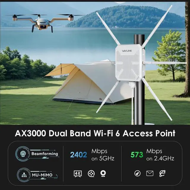 Alt view image 3 of 5 - 2025 AX3000 Outdoor WiFi 6 Extender, WAVLINK Long-Range WiFi Repeater/Access Point with Dual Band/PoE/IP67 Waterproof/6 x 7dBi Antennas, Supports Up to 256 Devices for Garage, Yard, RV,Farm