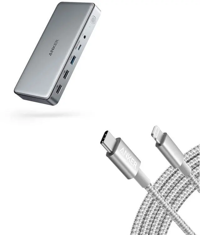 Main image of Anker USB-C to Lightning New Nylon Cable, [6ft MFi Certified] (Silver) & Anker 563 USB C Docking Station (10-in-1), with Dual HDMI Ports and DisplayPort, 100W Charging for Laptop