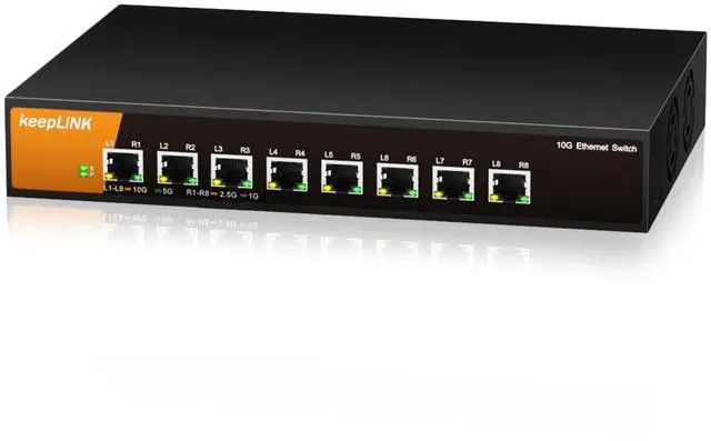 Main image of keepLiNK 8 Port 10G Ethernet Switch Unmanaged, 8X 10G RJ45 Ports Support 10G/5G/2.5G/1000M/100M Auto-Negotiation, 160Gbps Switching Capacity, Desketop or Rackmountable Plug and Play Network Switch