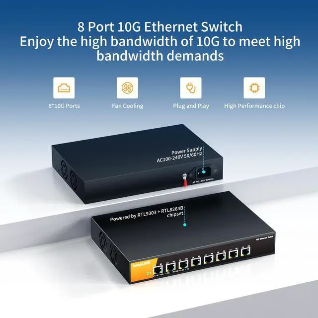 Alt view image 2 of 5 - keepLiNK 8 Port 10G Ethernet Switch Unmanaged, 8X 10G RJ45 Ports Support 10G/5G/2.5G/1000M/100M Auto-Negotiation, 160Gbps Switching Capacity, Desketop or Rackmountable Plug and Play Network Switch