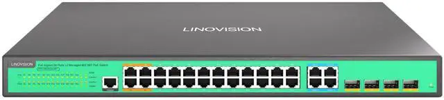 Main image of LINOVISION 24 Ports L2 Managed PoE Switch, Full Gigabit PoE++ Switch, Built-in 370W Power with 4* BT 90W & 20* AT 30W Ports, Sufficient for All IEEE 802.3 af/at/bt Devices, Supports QoS, VLAN, IGMP...