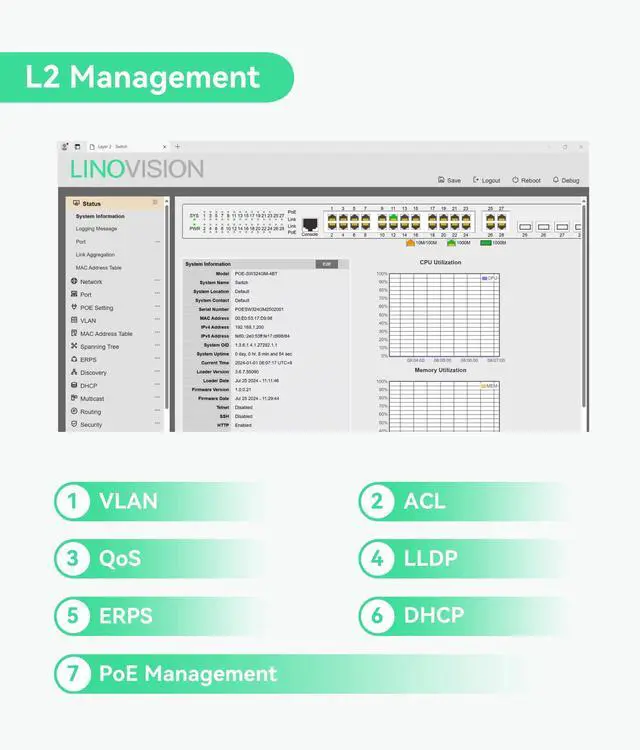Alt view image 5 of 5 - LINOVISION 24 Ports L2 Managed PoE Switch, Full Gigabit PoE++ Switch, Built-in 370W Power with 4* BT 90W & 20* AT 30W Ports, Sufficient for All IEEE 802.3 af/at/bt Devices, Supports QoS, VLAN, IGMP...