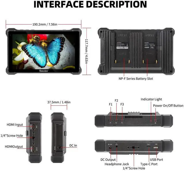 Alt view image 3 of 5 - Desview A7 Camera Field Monitor, 7 inch Touch Screen 2800nit 1920 * 1080 Full HD 4K HDMI with 3D Lut Waveform VectorScope Histogram False Color Peaking Focus for DSLR Camera
