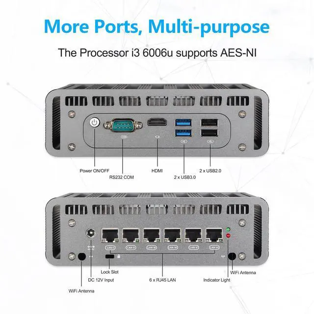 Alt view image 2 of 5 - Sharevdi Fanless Mini PC Micro Firewall Appliance 6* Intel i211AT RJ45 Gigabit Intel Core i3 6006U Computer, Network Router Mini Server, USB3.0/HD/COM/AES-NI 8G DDR4 128GB SSD (i3 6006U)