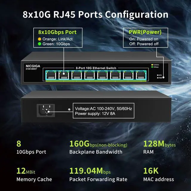 Alt view image 2 of 5 - 8 Port 10G Ethernet Switch Unmanaged,with 8X 10Gb Base-T Ports, NICGIGA 10Gbps Network Switch Easy for 10G NAS,PC,WiFi7 Router,10G Adapter/NIC. Desktop or 19-inch Rack Mount, Plug and Play.