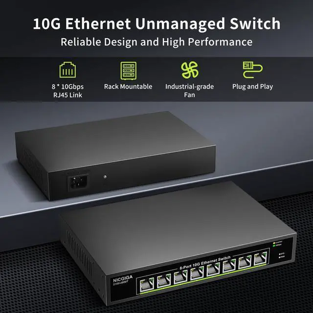 Alt view image 3 of 5 - 8 Port 10G Ethernet Switch Unmanaged,with 8X 10Gb Base-T Ports, NICGIGA 10Gbps Network Switch Easy for 10G NAS,PC,WiFi7 Router,10G Adapter/NIC. Desktop or 19-inch Rack Mount, Plug and Play.