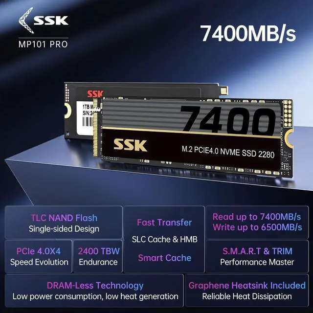 Alt view image 2 of 5 - SSK M.2 NVMe SSD 4TB, PCIe Gen 4.0 x4 M.2 2280 SSD Card Up to 7400MB/s, NVMe 2.0 Internal Gaming Solid State Drive Support DRAM-Less Low Power Consumption, Trim, Graphene Heatsink Included