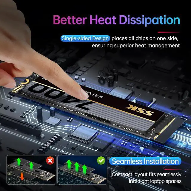Alt view image 4 of 5 - SSK M.2 NVMe SSD 4TB, PCIe Gen 4.0 x4 M.2 2280 SSD Card Up to 7400MB/s, NVMe 2.0 Internal Gaming Solid State Drive Support DRAM-Less Low Power Consumption, Trim, Graphene Heatsink Included
