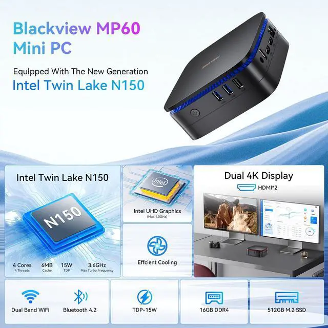 Alt view image 2 of 5 - Blackview MP60 Mini PC N150(Turbo 3.6GHz), Mini Computers 16GB DDR4 RAM 512GB M.2 SSD, Support 4K 60Hz, 2*HDMI/Ethernet/Wi-Fi/Bluetooth