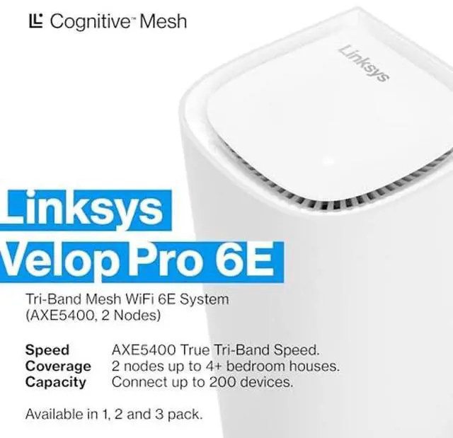 Alt view image 2 of 5 - Linksys Velop Pro 6E WiFi Mesh System | Two Cognitive Mesh Tri-Band routers with 5.4 Gbps (AXE5400) Speed | Whole Home Coverage up to 6,000 sq ft | Connect 200+ Devices | 2Pk MXEC622 | 2023 Release
