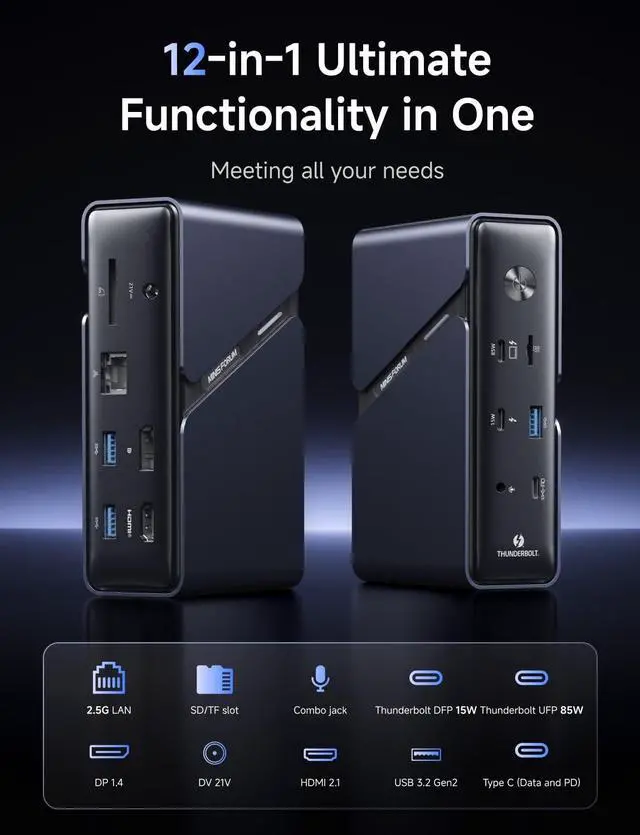 Alt view image 2 of 5 - MINISFORUM TB4-01 12-in-1 Docking Station,Intel JHL8440 Thunderbolt 4 Controller,PD 85W,HDMI 2.1/DP1.4,SD/TF, Thunderbolt 4X 2,3 x USBA,1 x USB C,2.5G RJ45