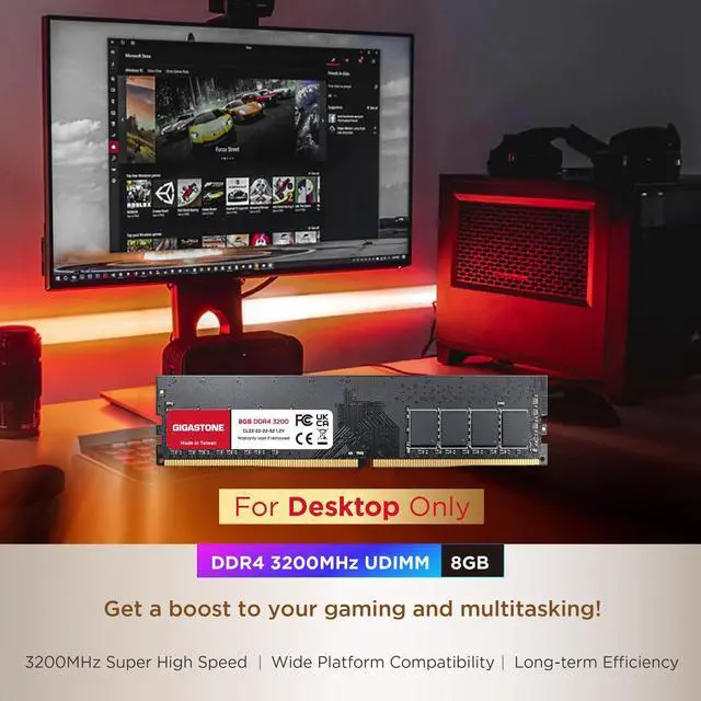 Alt view image 2 of 5 - DDR4 RAM GIGASTONE 128GB Kit (16x8GB) DDR4 3200MHz (2933MHz or 2666MHz) PC4-25600 (PC4-23400/21300) CL22 1.2V UDIMM 288 Pin Unbuffered Non ECC High Performance PC Desktop Memory Upgrade