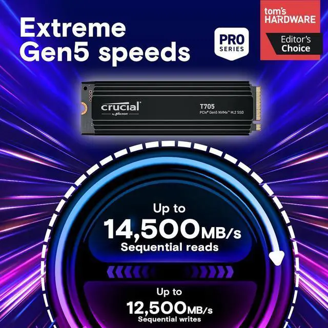 Alt view image 2 of 5 - Crucial T705 2TB PCIe Gen5 NVMe M.2 SSD with Heatsink - Up to 14,500 MB/s - Game Ready - Internal Solid State Drive (PC) - +1mo Adobe CC - CT2000T705SSD5