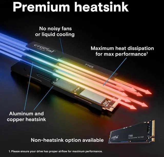 Alt view image 4 of 5 - Crucial T705 2TB PCIe Gen5 NVMe M.2 SSD with Heatsink - Up to 14,500 MB/s - Game Ready - Internal Solid State Drive (PC) - +1mo Adobe CC - CT2000T705SSD5