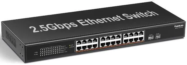 Alt view image 2 of 5 - 26 Port 2.5G Umanaged Ethernet Switch, 24 x 2.5Gb Base-T Ports, 2 x 10G SFP+, Compatible with 100/1000/2500Mbps, Metal Fanless, Desktop/Rack Mount YuanLey 2.5Gbe Network Switch for Wireless AP, PC