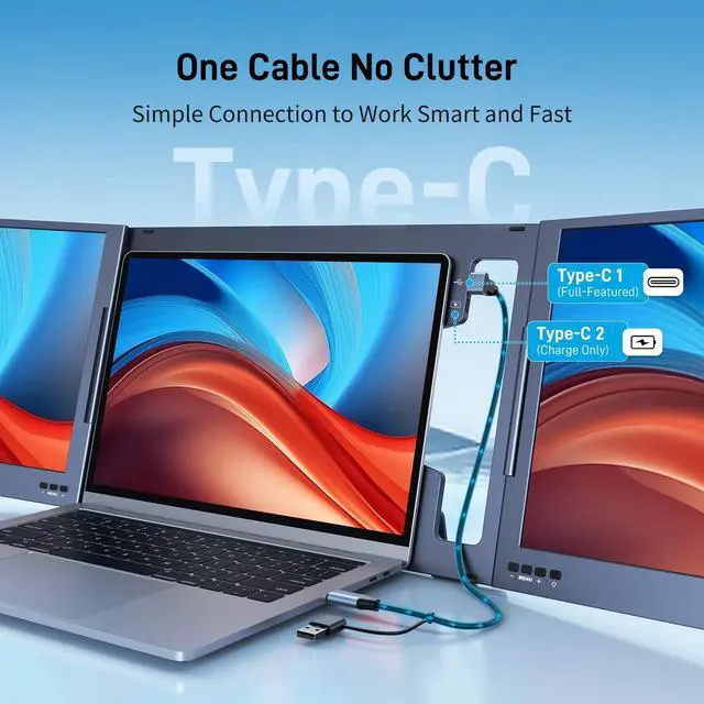 Alt view image 2 of 5 - Yinker Laptop Screen Extender, 15.6'' Portable Triple Laptop Monitor Extender, Only One USB-C Connection, 1080P FHD, 360° Rotation Compatible with MacOS, Windows, Android, Fit 11-17'' Laptops