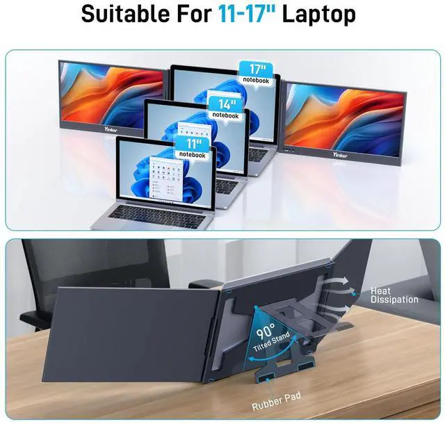 Alt view image 3 of 5 - Yinker Laptop Screen Extender, 15.6'' Portable Triple Laptop Monitor Extender, Only One USB-C Connection, 1080P FHD, 360° Rotation Compatible with MacOS, Windows, Android, Fit 11-17'' Laptops
