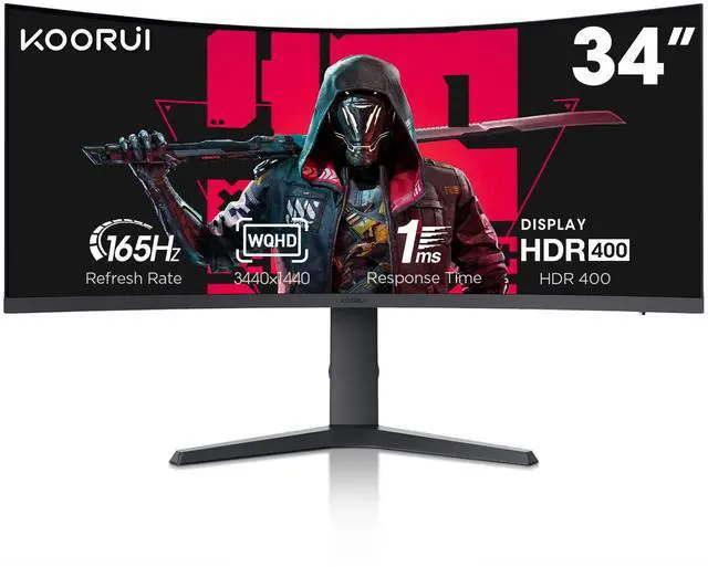 Main image of KOORUI 34-inch Ultrawide Curved WQHD 3440×1440 Gaming Monitor, 165Hz 144Hz Curved 1000R- PIP/PBP, 1ms(MPRT) with DisplayHDR 400, FreeSync Premium, 75 * 75mm VESA, HDMI/DisplayPort, 34E6UC