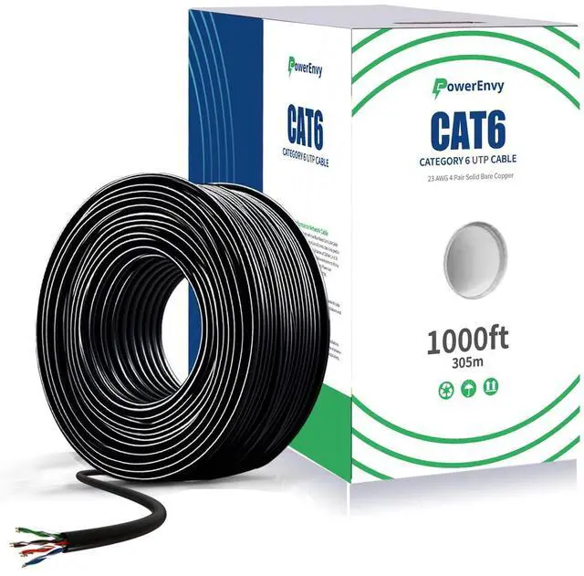 Main image of PowerEnvy Cat6 Riser Ethernet UTP Cable (CMT) - 550Mhz, 10Gbps Max, 1000ft - Outdoor Rated, 23 AWG, UTP 4 Twisted Pair Solid Bare Copper, CMR Rated Cable, Tangle-Free Pull Box - Black