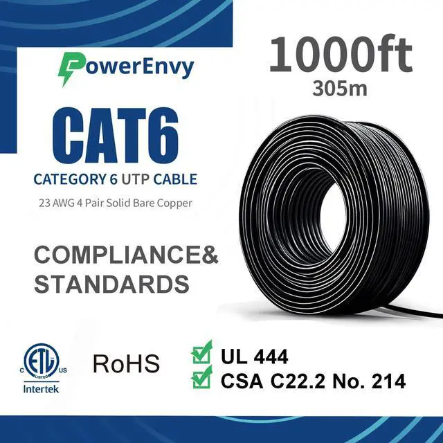 Alt view image 4 of 5 - PowerEnvy Cat6 Riser Ethernet UTP Cable (CMT) - 550Mhz, 10Gbps Max, 1000ft - Outdoor Rated, 23 AWG, UTP 4 Twisted Pair Solid Bare Copper, CMR Rated Cable, Tangle-Free Pull Box - Black