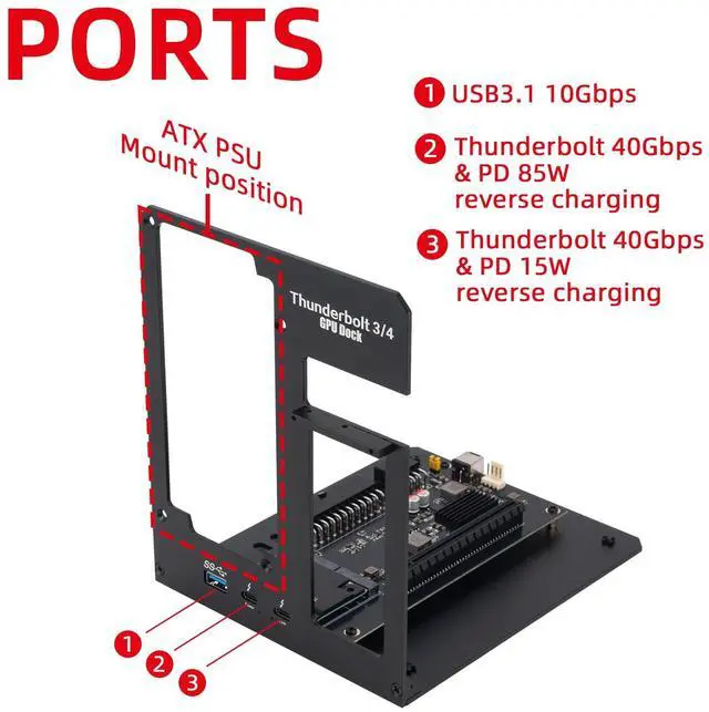 Alt view image 3 of 5 - VIKINYEE Thunderbolt 3/4 eGPU Enclosure Compatible with USB4, Support NVIDIA AMD Graphics Card and PCIe Cards, Using ATX Power Supply, Support PD 85W Charging (VK-Y900)