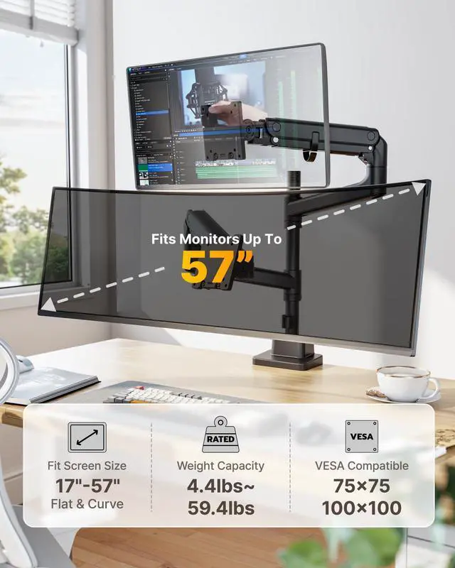 Alt view image 2 of 5 - monTEK Dual Monitor Arm for up to 57" and 59.4 lbs Ultrawide Screen, Aluminum Heavy-Duty Gas Spring Vertical Stackable Curved Screen Adjustable Monitor Stand, 75/100mm Vesa Mount, Black