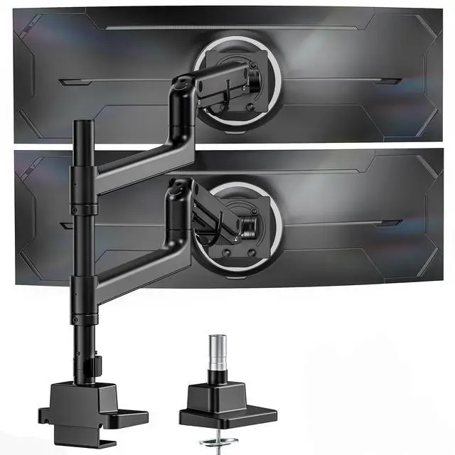 Main image of monTEK Dual Monitor Arm for up to 57" and 59.4 lbs Ultrawide Screen, Aluminum Heavy-Duty Gas Spring Vertical Stackable Curved Screen Adjustable Monitor Stand, 75/100mm Vesa Mount, Black
