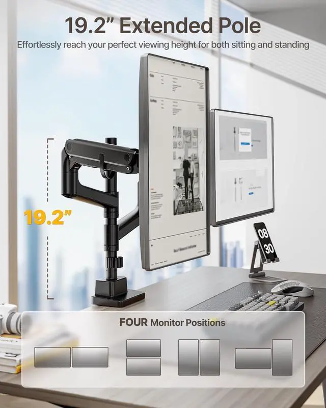Alt view image 3 of 5 - monTEK Dual Monitor Arm for up to 57" and 59.4 lbs Ultrawide Screen, Aluminum Heavy-Duty Gas Spring Vertical Stackable Curved Screen Adjustable Monitor Stand, 75/100mm Vesa Mount, Black