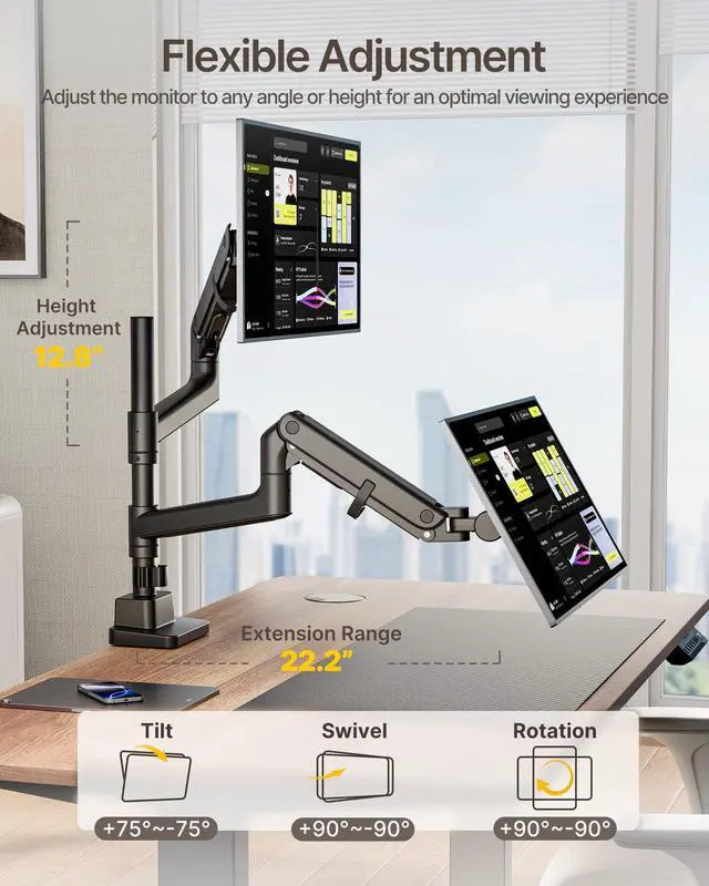 Alt view image 5 of 5 - monTEK Dual Monitor Arm for up to 57" and 59.4 lbs Ultrawide Screen, Aluminum Heavy-Duty Gas Spring Vertical Stackable Curved Screen Adjustable Monitor Stand, 75/100mm Vesa Mount, Black