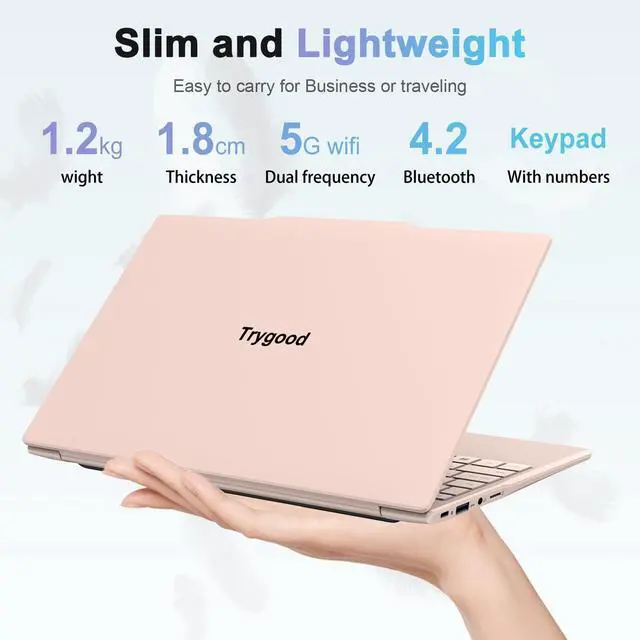 Alt view image 4 of 5 - Trygood 14'' Student Laptop Computer,1080P FHD Display,8GB RAM,512GB SSD,N5095 CPU College Student Pink Laptop,Numeric Keypad,256GB TF Card,Webcam, 5GWiFi, HDMI,Pink