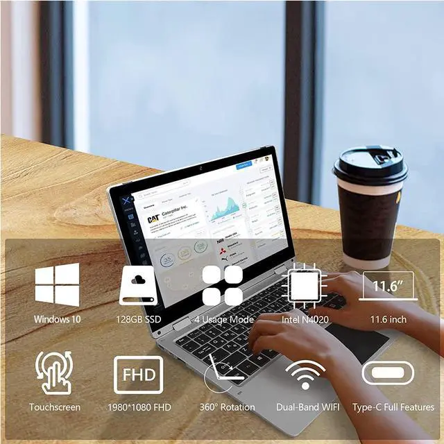 Alt view image 4 of 5 - SZTPSLS 2 in 1 Windows Laptop, 11.6 inch Laptop Computer, 4GB RAM, 128GB SSD Storage, 360 Degree Convertible Tablet Intel N4020 Processor, Webcam, WiFi, Type-C, Silver