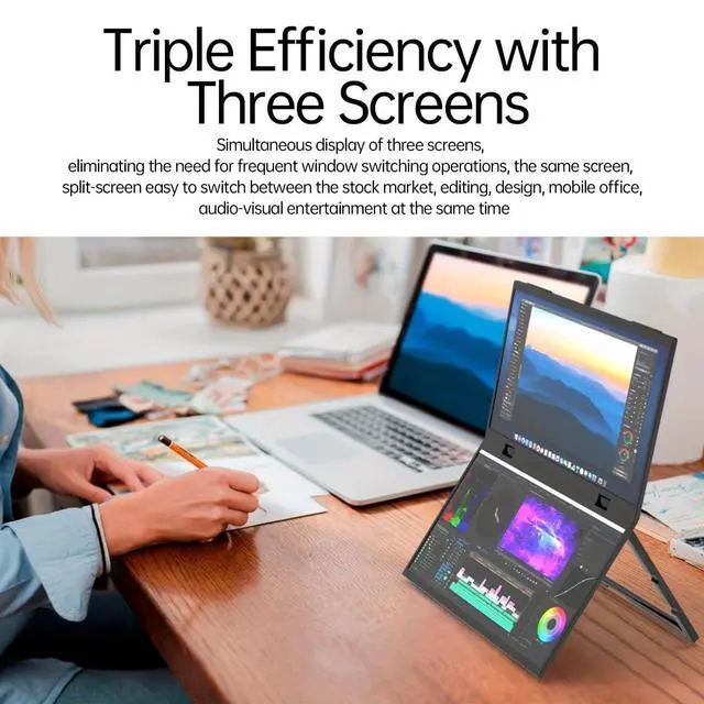 Alt view image 4 of 5 - sibolan Dual Portable Monitor, 15.6" 1080P FHD IPS Folding Stacked Triple Laptop Screen Extender, USB-C Plug & Play Travel Extended Computer Display for Laptop PC Windows Mac/Stand