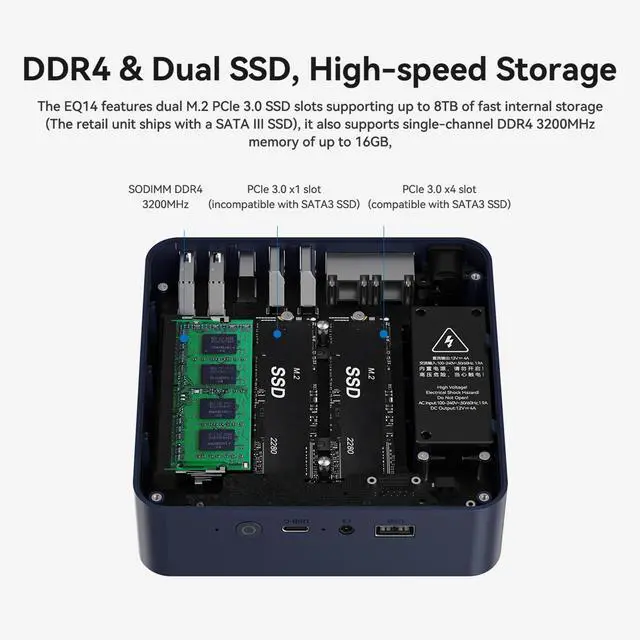 Alt view image 5 of 5 - Beelink EQ14 Mini PC, Intel Twin Lake N150 (4C/4T, up to 3.6Ghz), 16GB DDR4 RAM 500GB SSD, EQ14 Mini Computer Support 4K Dual HDMI Display, WiFi6, BT5.2, Dual LAN, NAS, Low Power