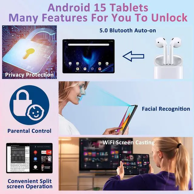 Alt view image 5 of 5 - SUAAT 10 Inch Tablet Android 15 Tablets with Keyboard, 30GB 64GB 1TB Expand Tab PC with 2.0GHz Octa-Core, 8MP Camera, 6000mAh, GMS, WiFi 6, BT 5.0, FHD Display, Widevine L1, Gemini AI (Black)