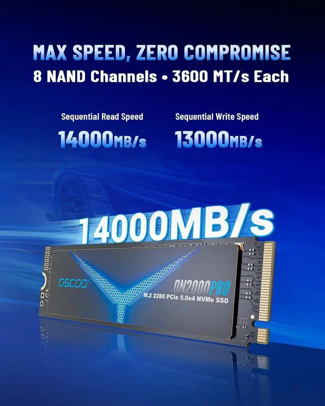 Alt view image 2 of 5 - OSCOO 1TB NVMe Gen 5.0 SSD,Up 13,000MB/s,3D TLC NAND, DRAM Cache, M.2 NVMe PCIe 2280 Gen5x4 SSD for AI Applications,Gaming,PS5,Laptop,Heavy-Duty Workstations with Graphene-Copper Pad Thermal Solution
