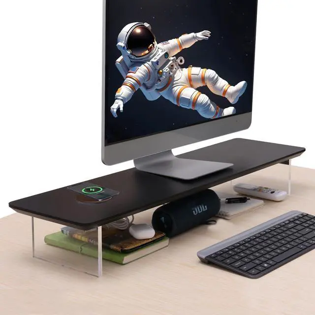Main image of SUIBIAN Black Monitor Stand Riser with Wireless Charging 31.5Inch Large, Computer Monitor Stand,Wooden Desktop Organizer Shelf for Office Desk Computer,Laptop,TV (Black Oak)