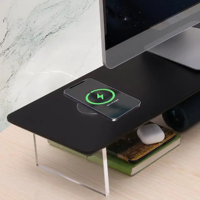 Alt view image 4 of 5 - SUIBIAN Black Monitor Stand Riser with Wireless Charging 31.5Inch Large, Computer Monitor Stand,Wooden Desktop Organizer Shelf for Office Desk Computer,Laptop,TV (Black Oak)
