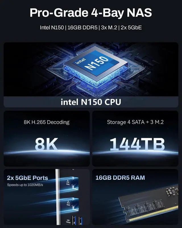 Alt view image 2 of 5 - TERRAMASTER F4-425 Plus NAS Storage - 4Bay Intel N150 Quad-Core CPU, 16GB RAM DDR5, 5GbE LAN x 2, M.2 Slot x 3, Network Attached Storage for Teamwork, Multimedia Server (Diskless)