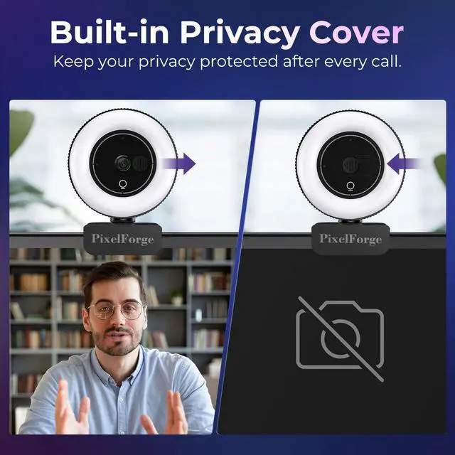 Alt view image 5 of 5 - PixelForge 4K Webcam for PC with Microphone & Light & Privacy Cover, Web Camera for Desktop Computer/Laptop/Monitor/Mac, USB Streaming Camera for Zoom/Skype/Teams/Video Calling/Studying and Conference