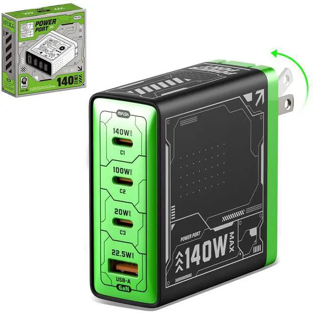 Main image of Mfish 140W USB C Charger, 4-Port GaN Charger Block, Foldable Fast Laptop Charger Power Adapter for MacBook Pro/Air, iPad Pro, iPhone 17/16 Pro, Galaxy S25/S24, Steam Deck, Google Pixelbook, and Tablet
