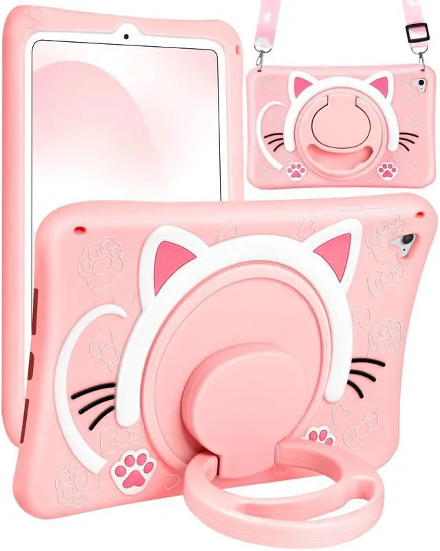 Main image of Wazzasoft for iPad 6th Generation/Air 2/ Pro 9.7 Inch Case Girls Cute Cat Kawaii Cover Girly Cartoon with Rotating Handle Stand & Strap Silicone Funda for iPad Cases 6th Gen/Air2/Pro 9.7