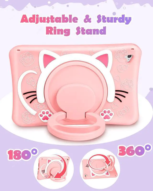 Alt view image 4 of 5 - Wazzasoft for iPad 6th Generation/Air 2/ Pro 9.7 Inch Case Girls Cute Cat Kawaii Cover Girly Cartoon with Rotating Handle Stand & Strap Silicone Funda for iPad Cases 6th Gen/Air2/Pro 9.7