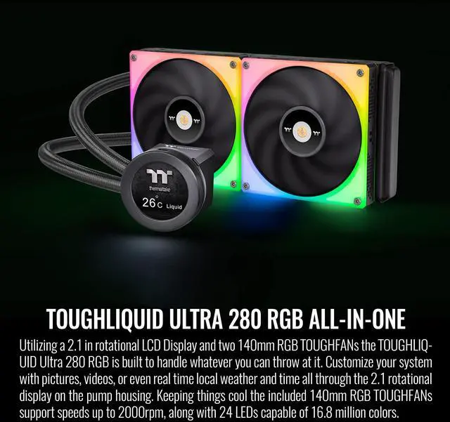 Alt view image 2 of 5 - Thermaltake TOUGHLIQUID Ultra 280 RGB CPU Liquid Cooler, AMD(AM5/AM4) Intel(LGA 1700/1200), 2.1 Inch Rotational LCD Display 2000RPM Radiator Fan, TT RGB Plus 2.0. Software, CL-W371-PL14SW-A,Black