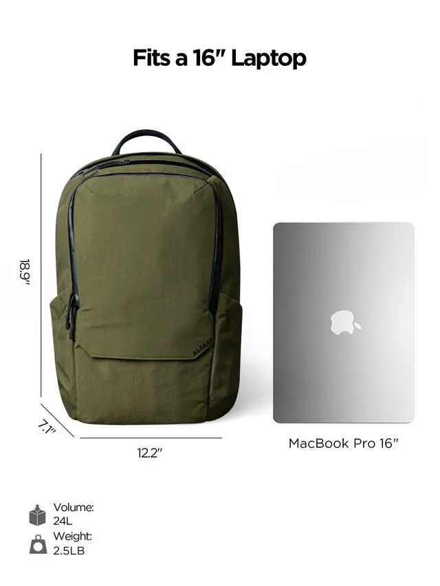 Alt view image 3 of 5 - ALPAKA Elements Backpack Pro 24L - Green Laptop Backpack Fits 16'' Laptop with Dual Bottle Pockets, Travel Backpack for Men, Weather-Resistant 400D Axoflux Fabric for Business or College