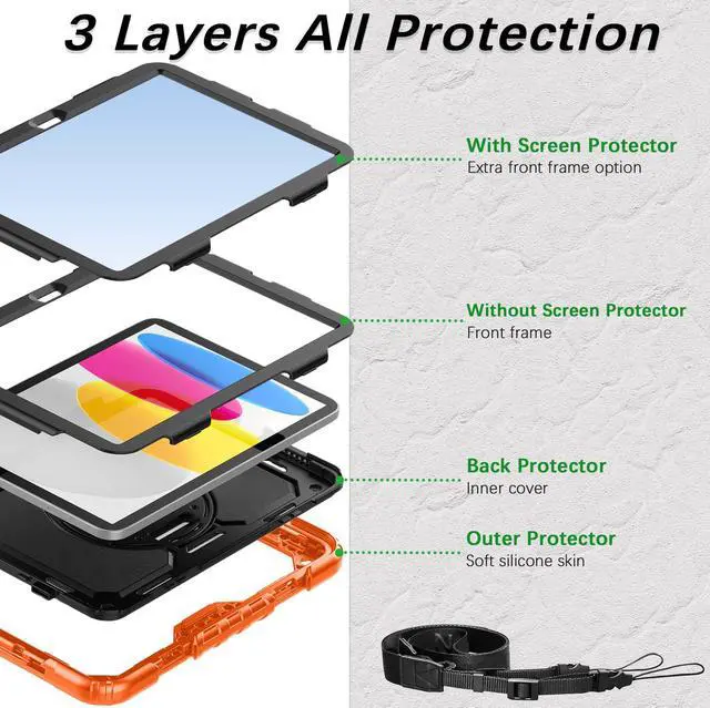 Alt view image 4 of 5 - Weuiean Case for iPad A16 11th/10th Generation 11"/10.9", Military-Grade Heavy-Duty Shockproof Cover with 360° Rotating Stand, Built-in Pencil Holder & Adjustable Hand/Shoulder Strap - Black+Orange
