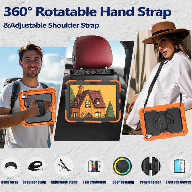 Alt view image 3 of 5 - Weuiean Case for iPad A16 11th/10th Generation 11"/10.9", Military-Grade Heavy-Duty Shockproof Cover with 360° Rotating Stand, Built-in Pencil Holder & Adjustable Hand/Shoulder Strap - Black+Orange