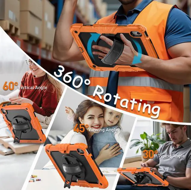 Alt view image 5 of 5 - Weuiean Case for iPad A16 11th/10th Generation 11"/10.9", Military-Grade Heavy-Duty Shockproof Cover with 360° Rotating Stand, Built-in Pencil Holder & Adjustable Hand/Shoulder Strap - Black+Orange