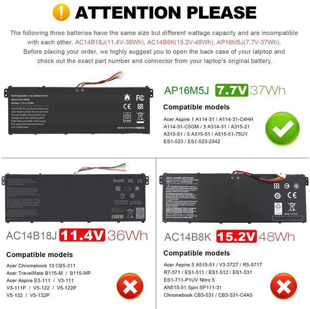 Alt view image 2 of 5 - Fancy Buying AP16M5J Laptop Battery for Acer Aspire 1 A114-31 A114-32 Aspire 3 A314-31 A314-32 A314-41 A315-21 A315-21G A315-22 A315-31 A315-32 A315-33 A315-41 A315-51 A315-53 A315-53G 2ICP4/80/104
