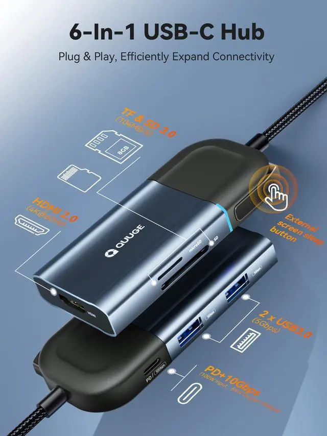 Alt view image 2 of 5 - USB C Hub Multiport Adapter with 4K60Hz: 6in1 Laptop Docking Station with Screen Button, 4K60FPS HDMI, 100W PD Charging OR 10Gbps Data Port, SD/TF Card Reader, 2*USB 3.0 Ports - Aluminum USB-C Adapter