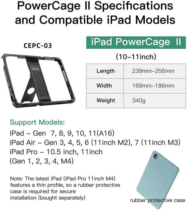 Alt view image 5 of 5 - Accsoon PowerCage II for iPad 7,8,9,10,11, Air 3,4,5,6,7 iPad Pro 10.5 inch,11inch Gen1,2,3,4(M4) with NP-F970 4-Bay Camera Battery Charger